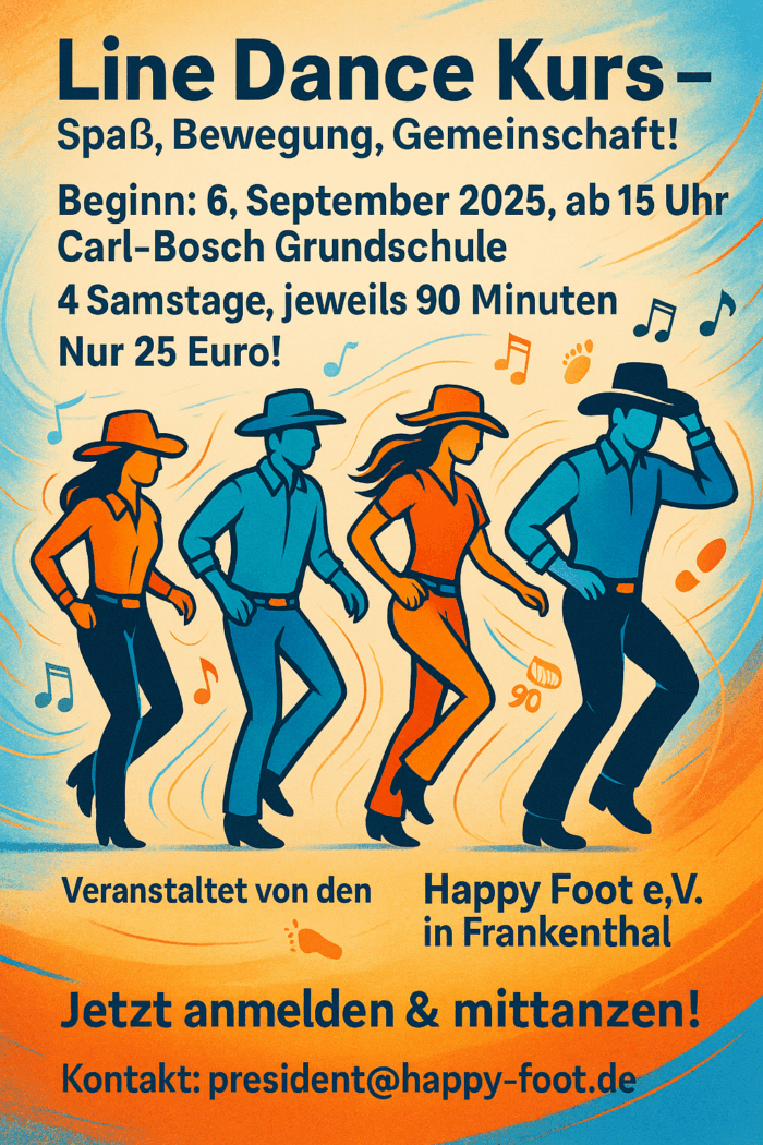 Line Dance Kurs, Beginn 6. September 2025, 4 Samstage, jeweils 90 Minuten.